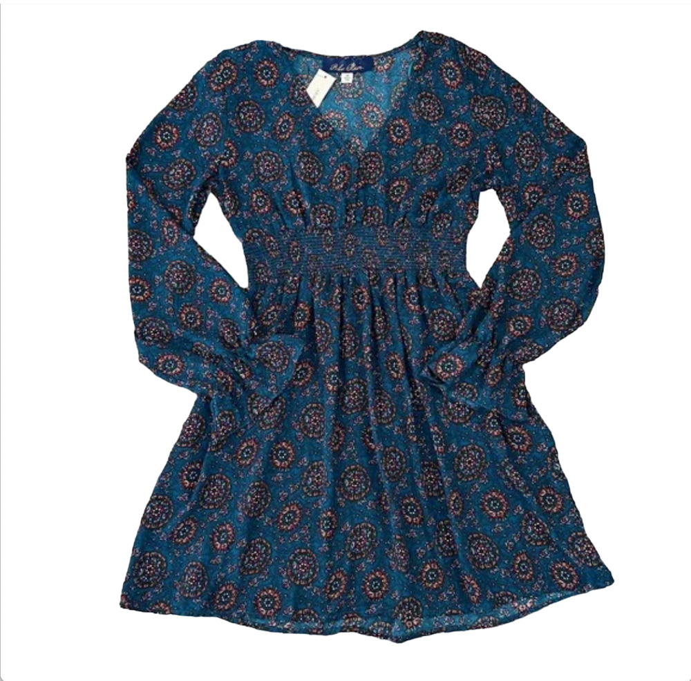 NWT Francesca's Collections Blue Rain Teal Floral Smocked Dress - SIZE MEDIUM